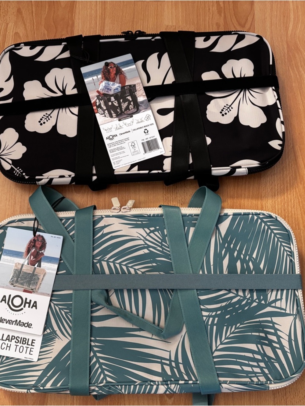 ALOHA Collapsible Beach Tote - Black & White Hibiscus / Teal Palm